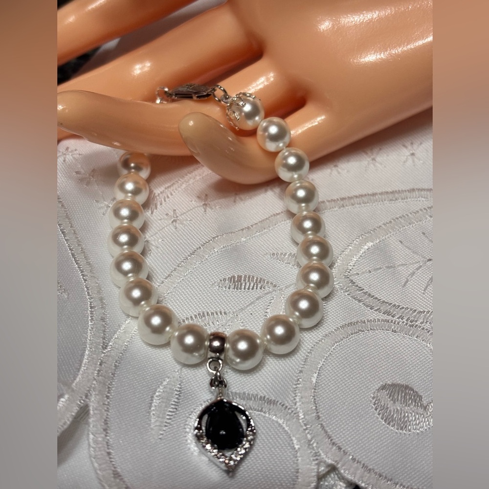 Handmade White Pearl Bracelet Pendant Black Silver and Rhinestones 7.5 inches
